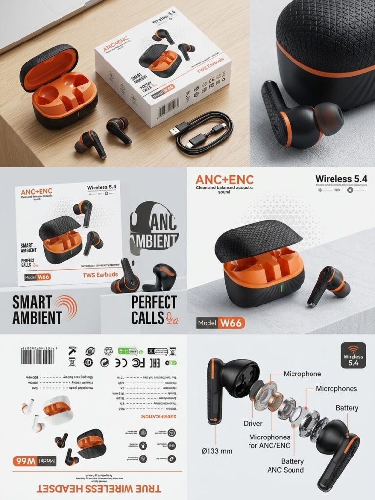 Model W66 TWS Earbuds - ANC+ENC Noise Cancelling