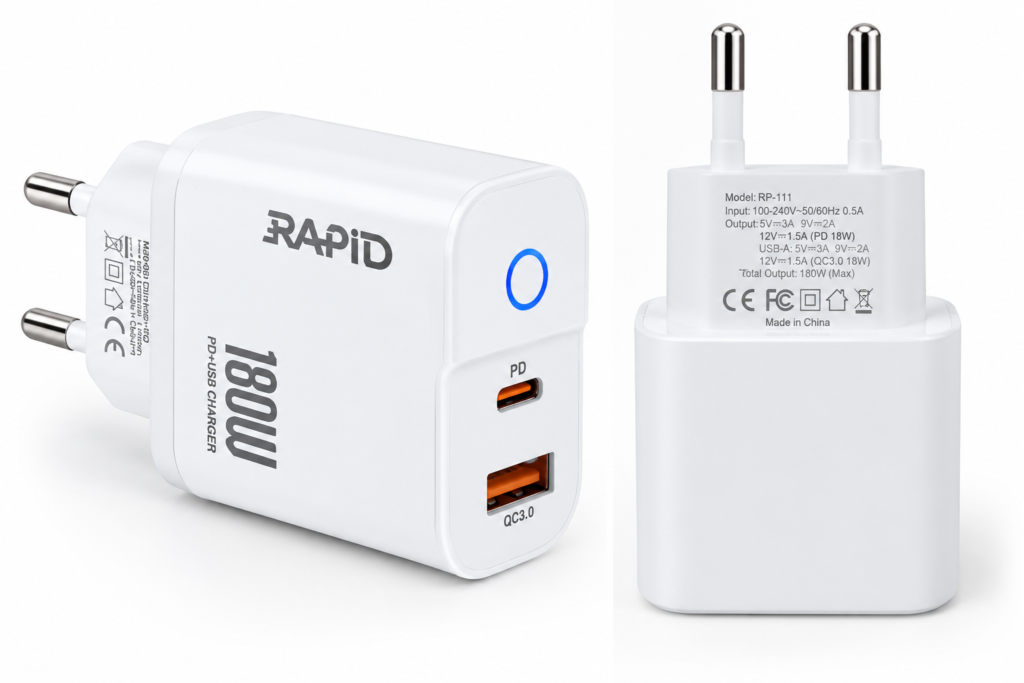 RAPID RP-111 180W PD + USB Fast Charger | Dual Port Super Fast Charging Adapter