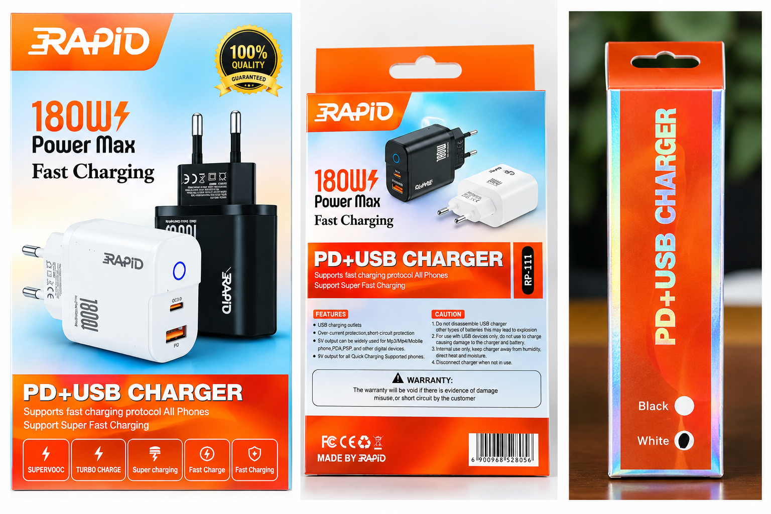 RAPID RP-111 180W PD + USB Fast Charger | Dual Port Super Fast Charging Adapter - Image 2