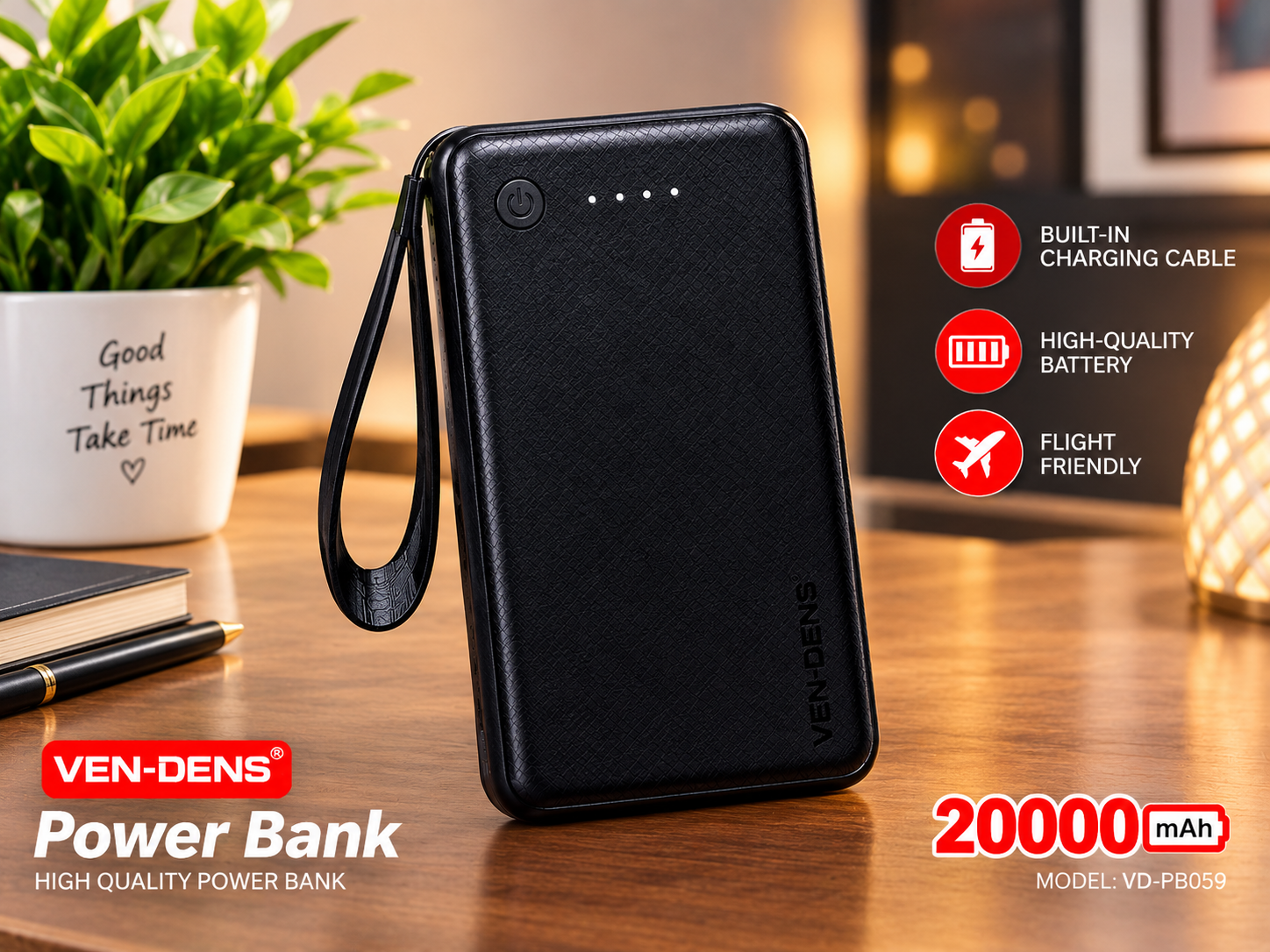 VEN-DENS 20000mAh Power Bank with Built-in Charging Cable